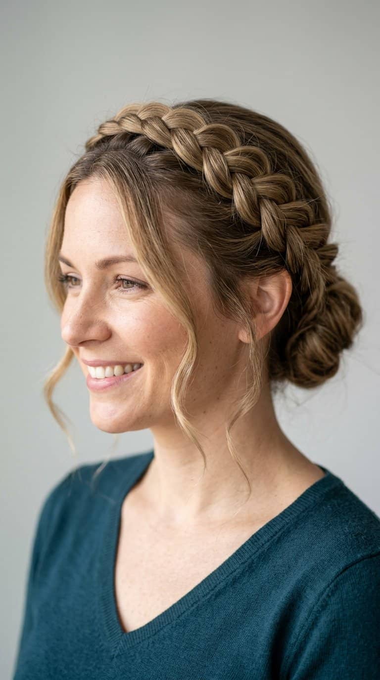 Woman wearing a Dutch crown braid wrapped around her head with the rest of her hair styled in a low updo.