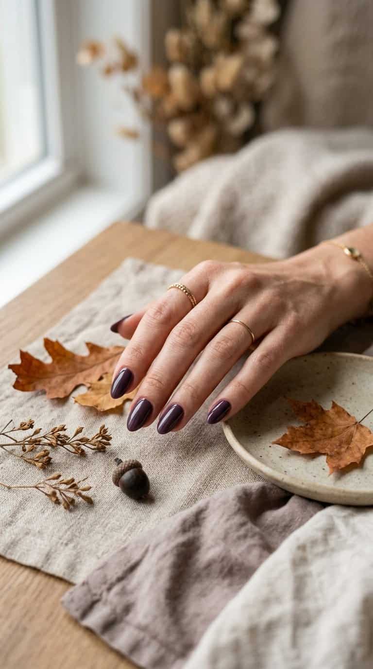 A manicured hand with glossy eggplant-purple nails rests beside subtle autumn accents.