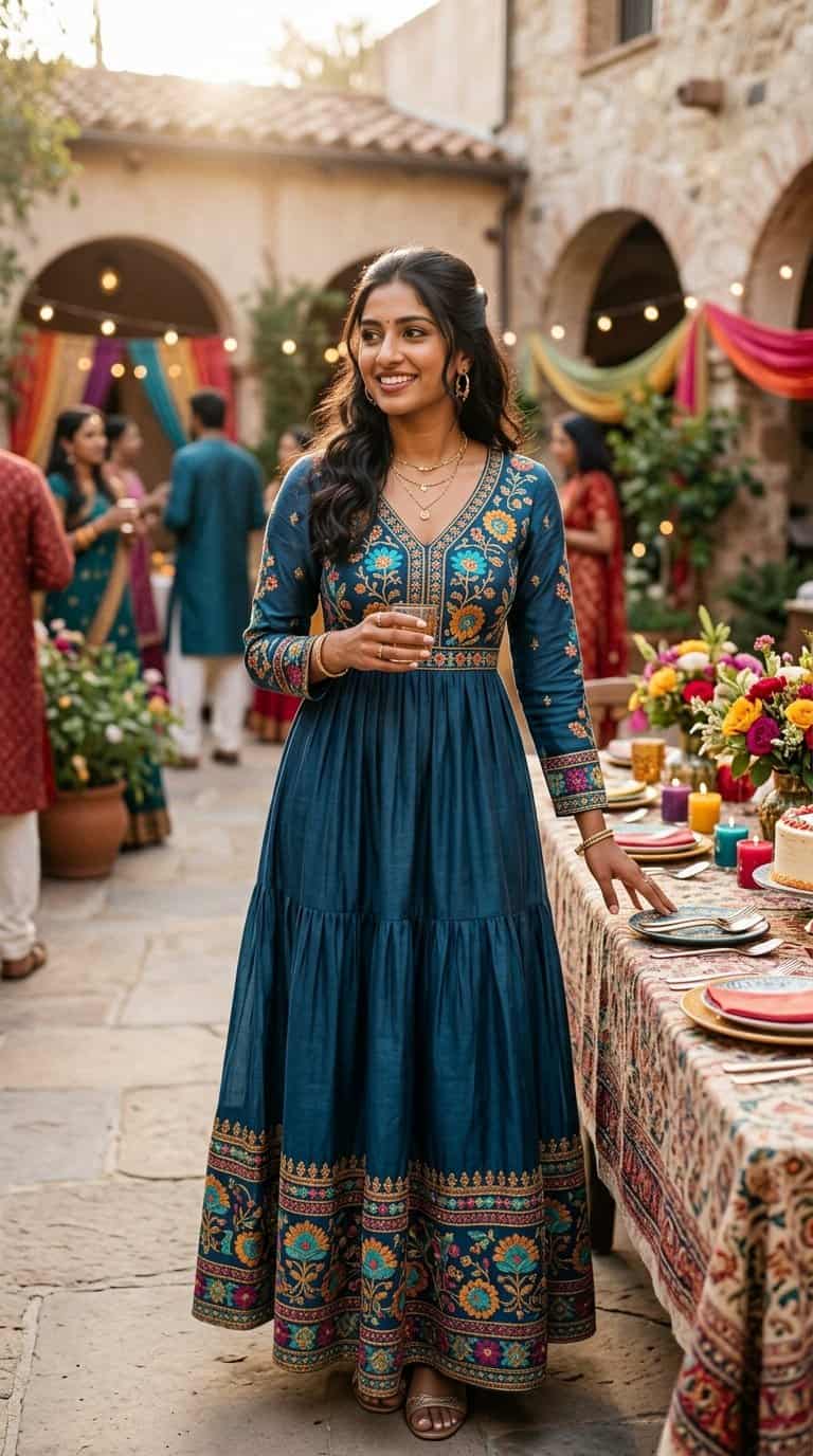 A woman in an embroidered maxi dress celebrates at a decorated outdoor birthday gathering.