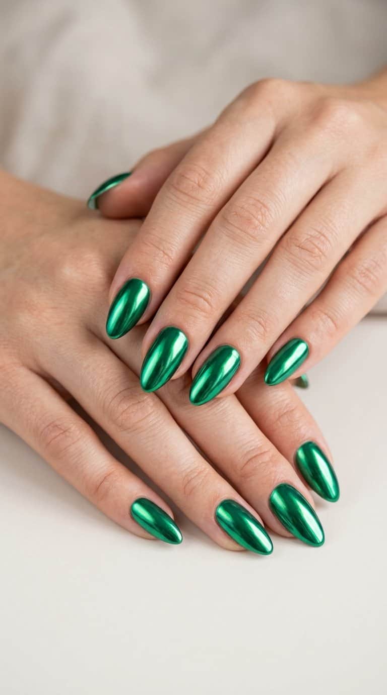 A close-up of a hand with glossy emerald green metallic nails resting on a light surface.