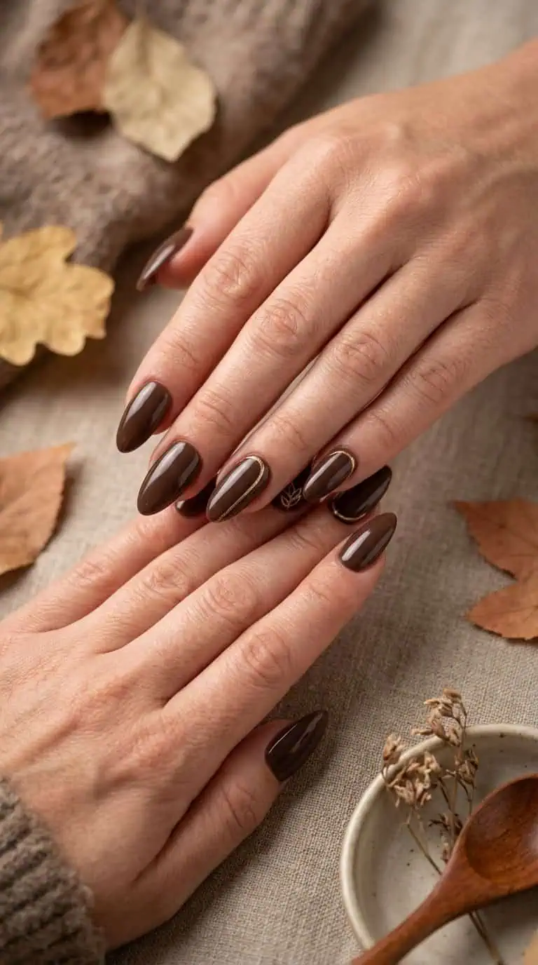 Close-up of hands with espresso brown almond-shaped nails accented by thin gold lines.