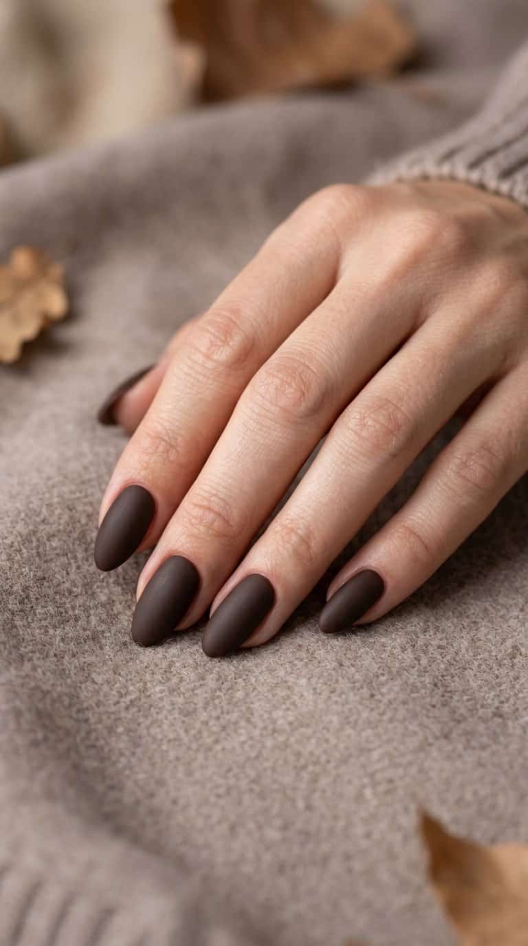 A hand with neatly manicured espresso brown matte nails resting on a neutral surface.