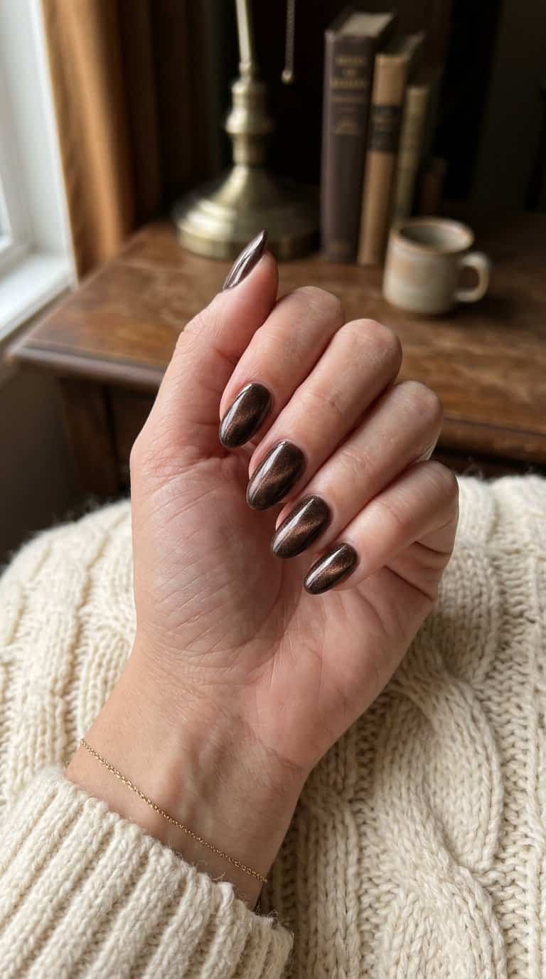 A manicured hand with glossy espresso-brown nails resting on a cream knitted sweater.