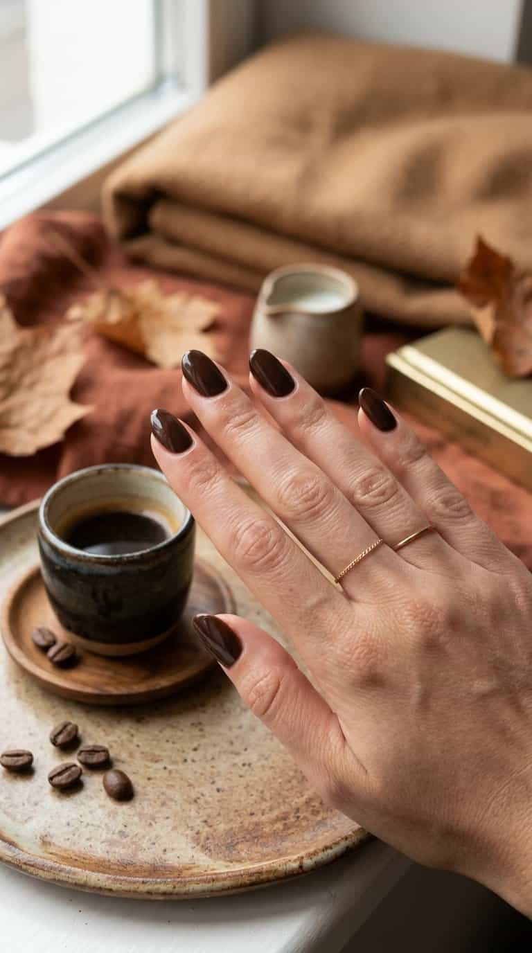 A hand with glossy dark brown espresso-colored nails rests beside a small cup of coffee and coffee beans.