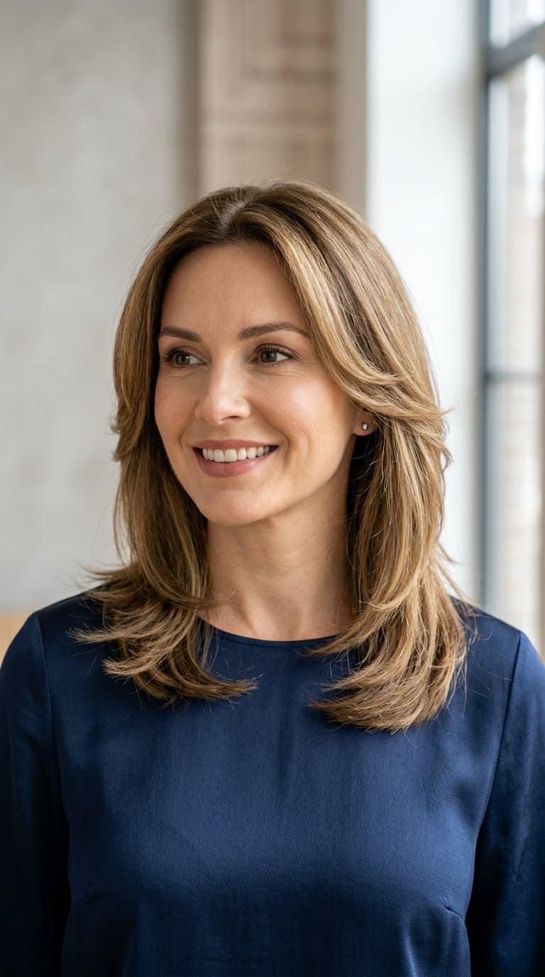 A woman with shoulder-length layered hair poses against a bright neutral background.