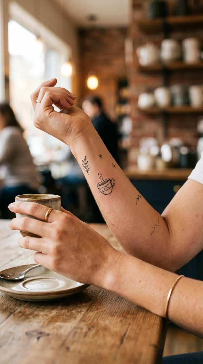 A forearm with a small fine-line coffee cup tattoo in a softly blurred café setting.
