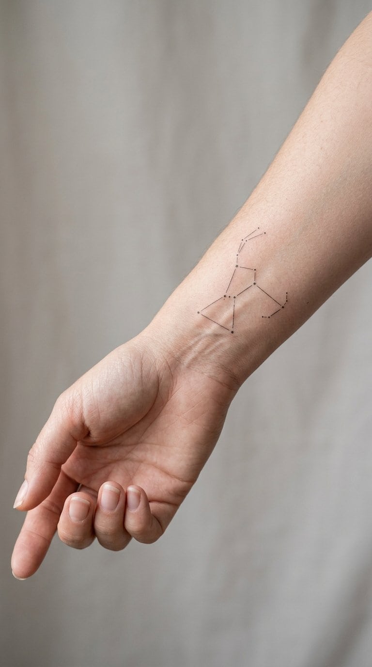 A close-up of a wrist with a small constellation tattoo.
