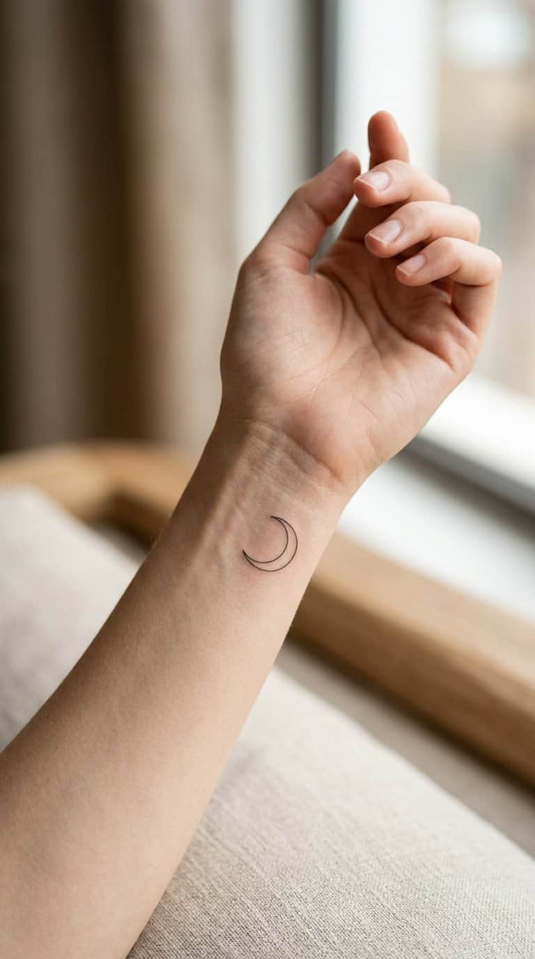A close-up of a wrist with a small crescent moon tattoo.