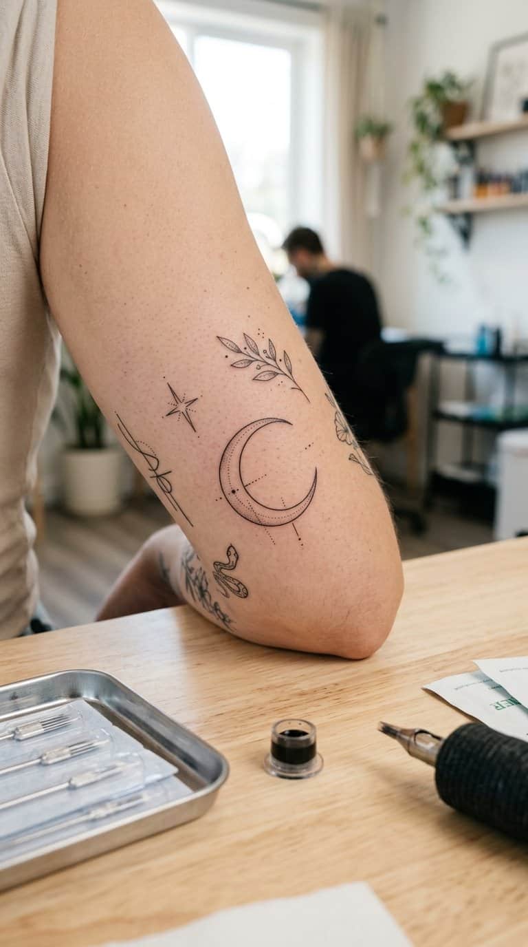 A person’s arm displays a delicate crescent moon tattoo among several small tattoos in a clean studio.
