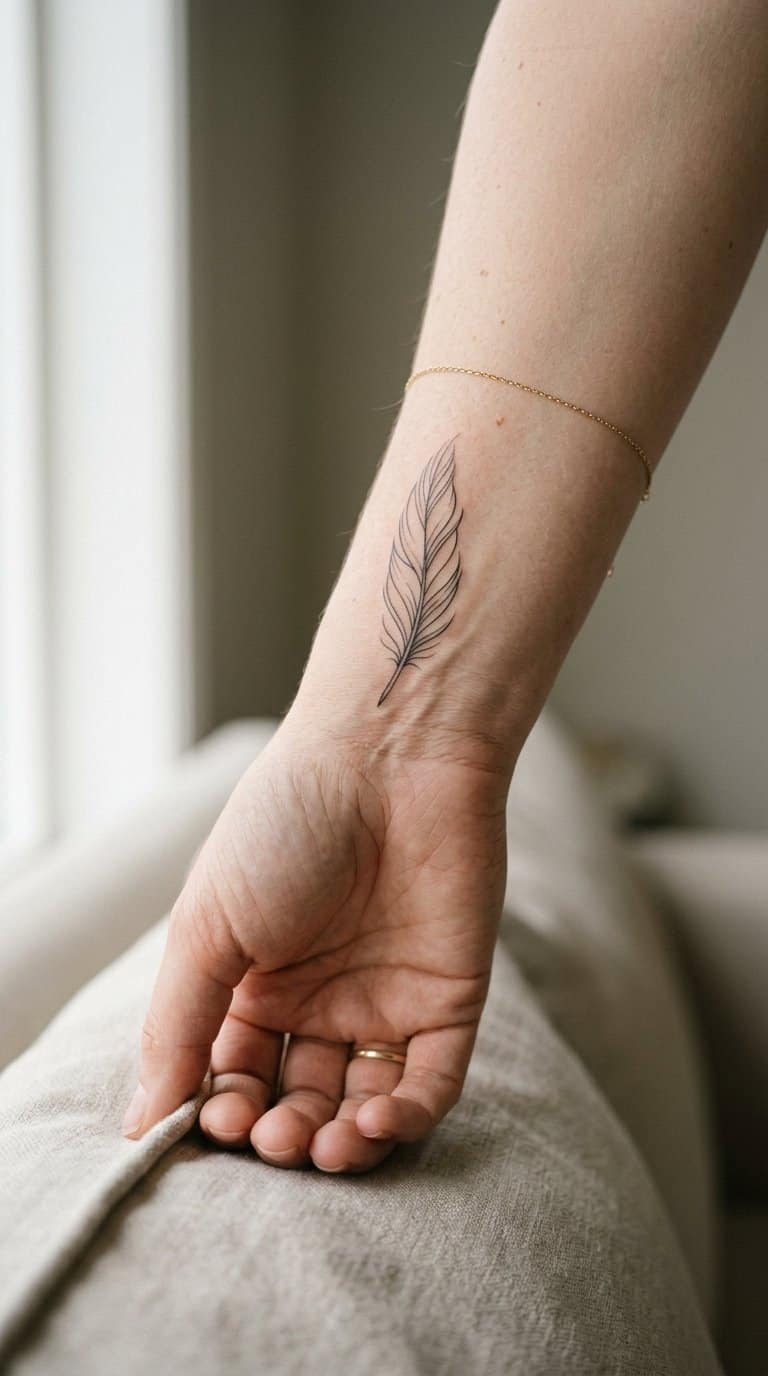 A close-up of a hand and wrist featuring a small feather tattoo.