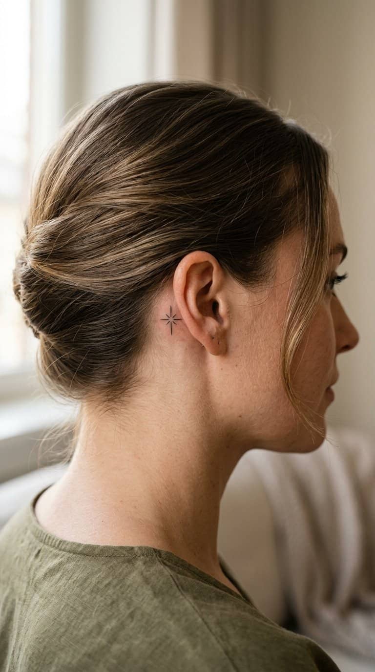 Close-up of a small four-point star tattoo behind a person's ear.