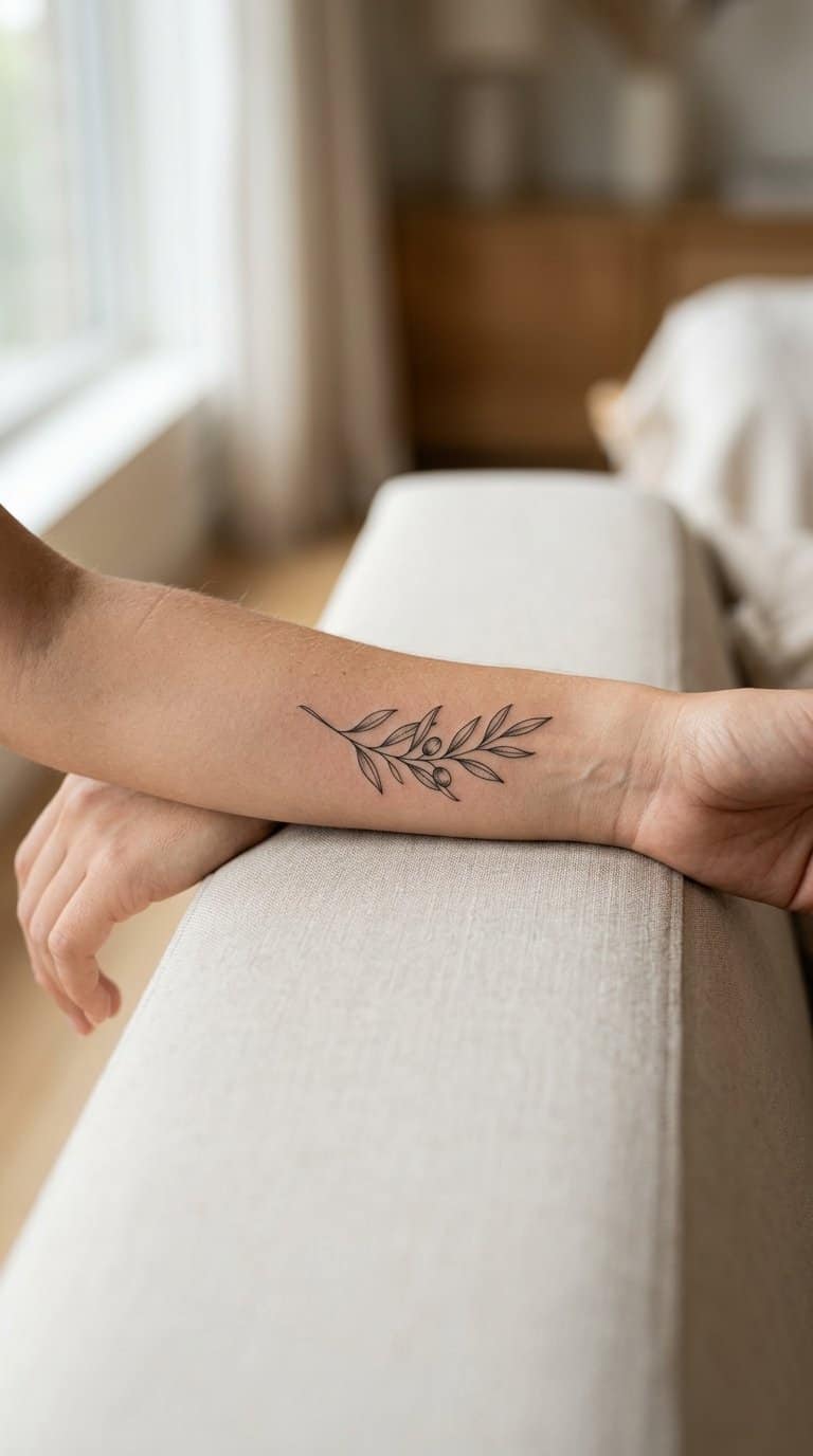 A small olive branch tattoo on a woman’s forearm.