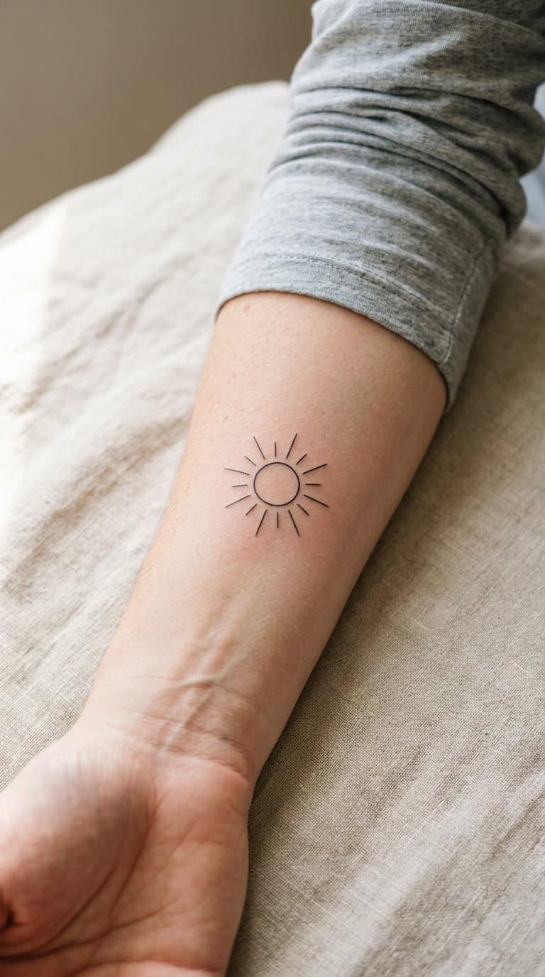 A small sun tattoo on a woman's inner forearm.