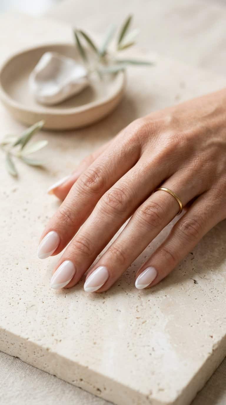 A hand with minimalist milky-white nails decorated with delicate white side-sweep accents rests on a neutral stone surface.