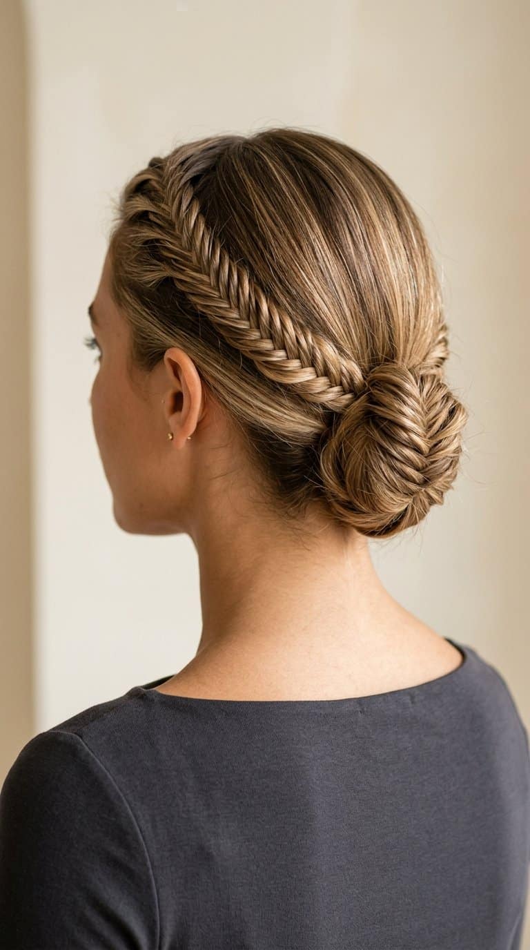 A model viewed from behind wearing a braided halo bun hairstyle.
