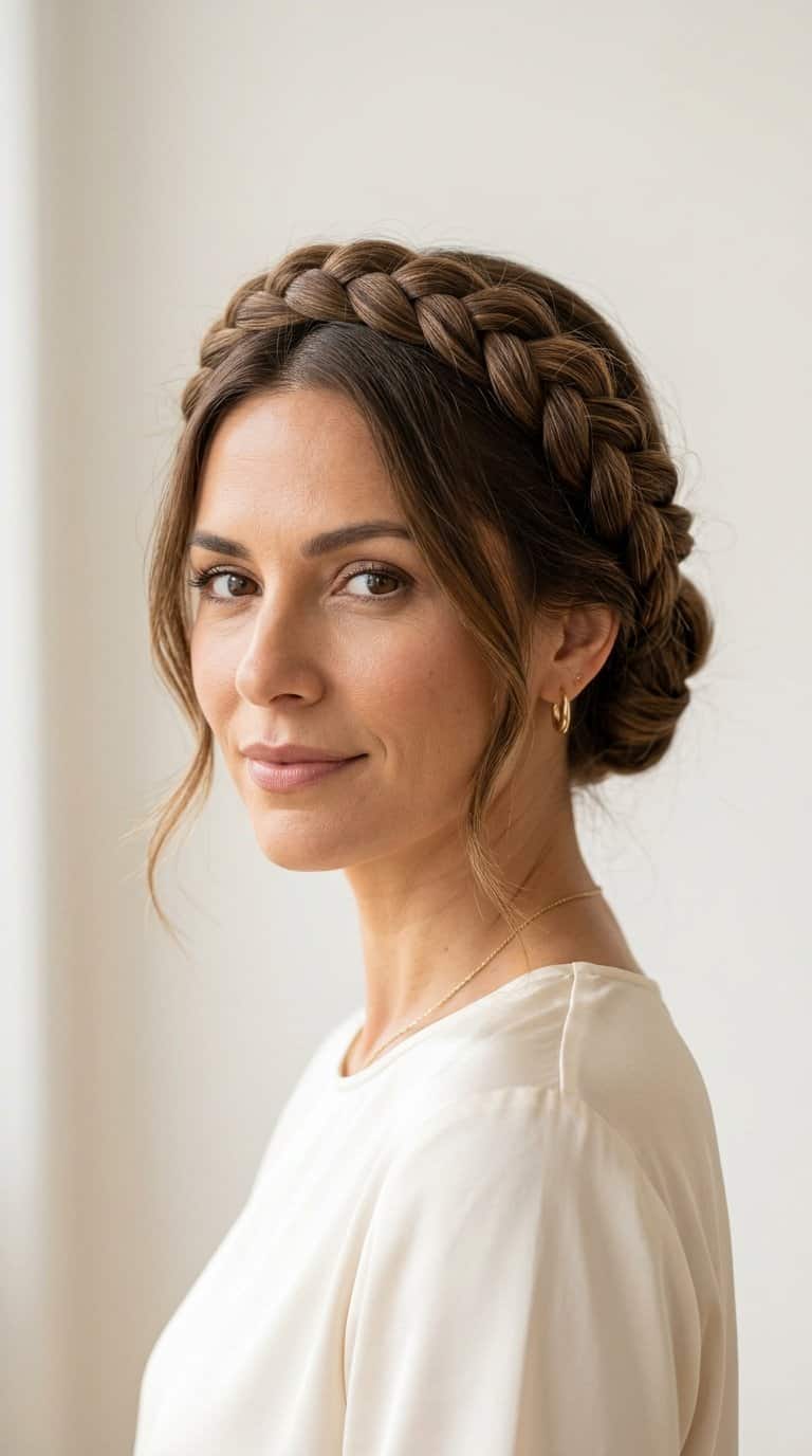 A woman wearing a detailed five-strand halo braid wrapped around her head.