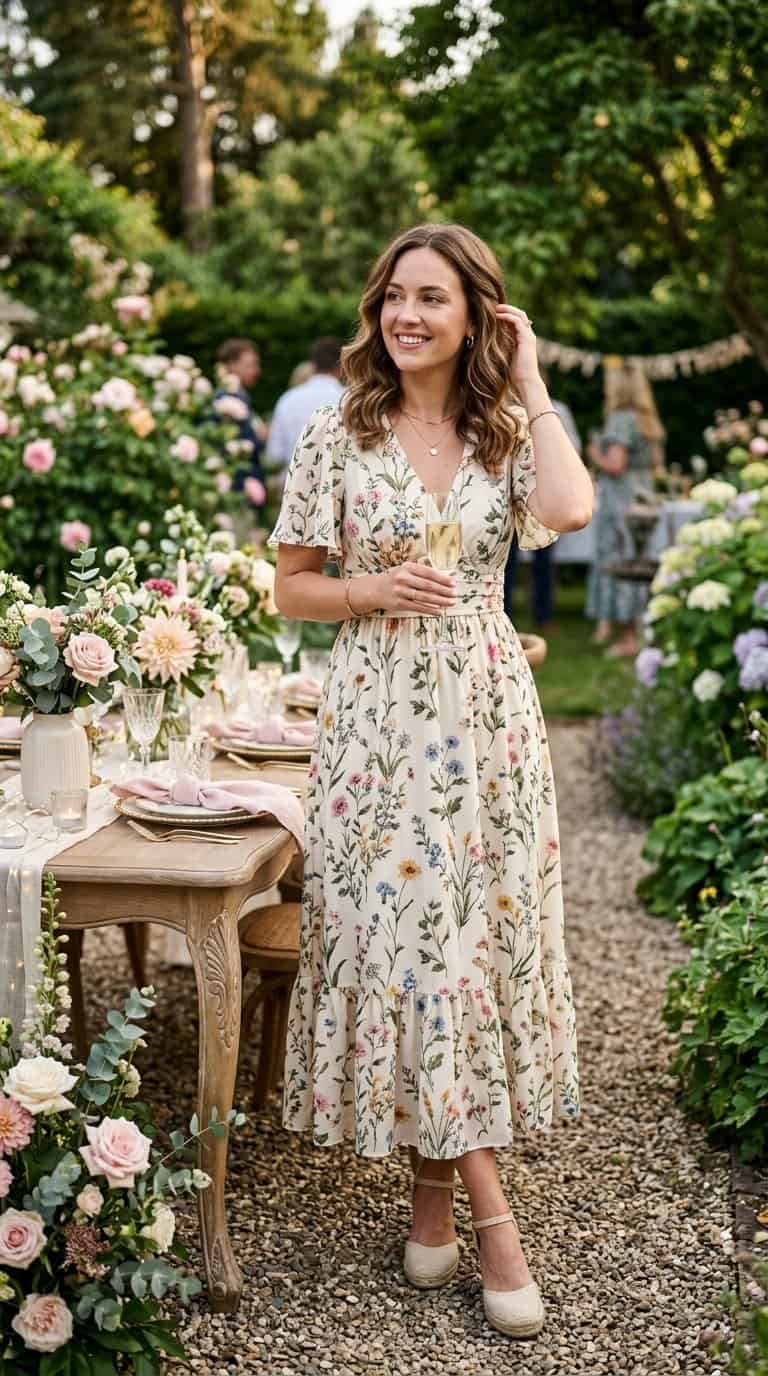 Woman in a floral midi dress standing at a garden birthday party.