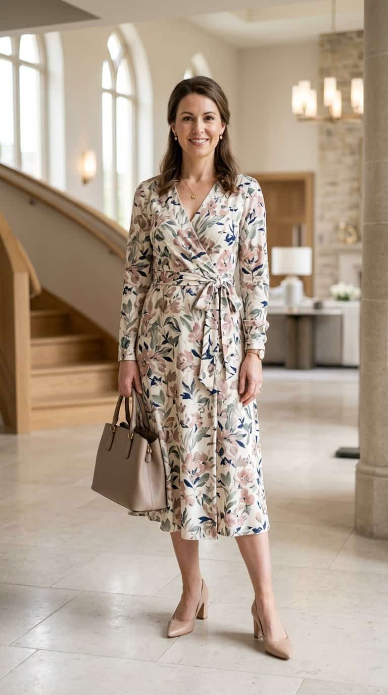 A woman in a floral wrap dress carries a structured handbag in a bright church foyer.