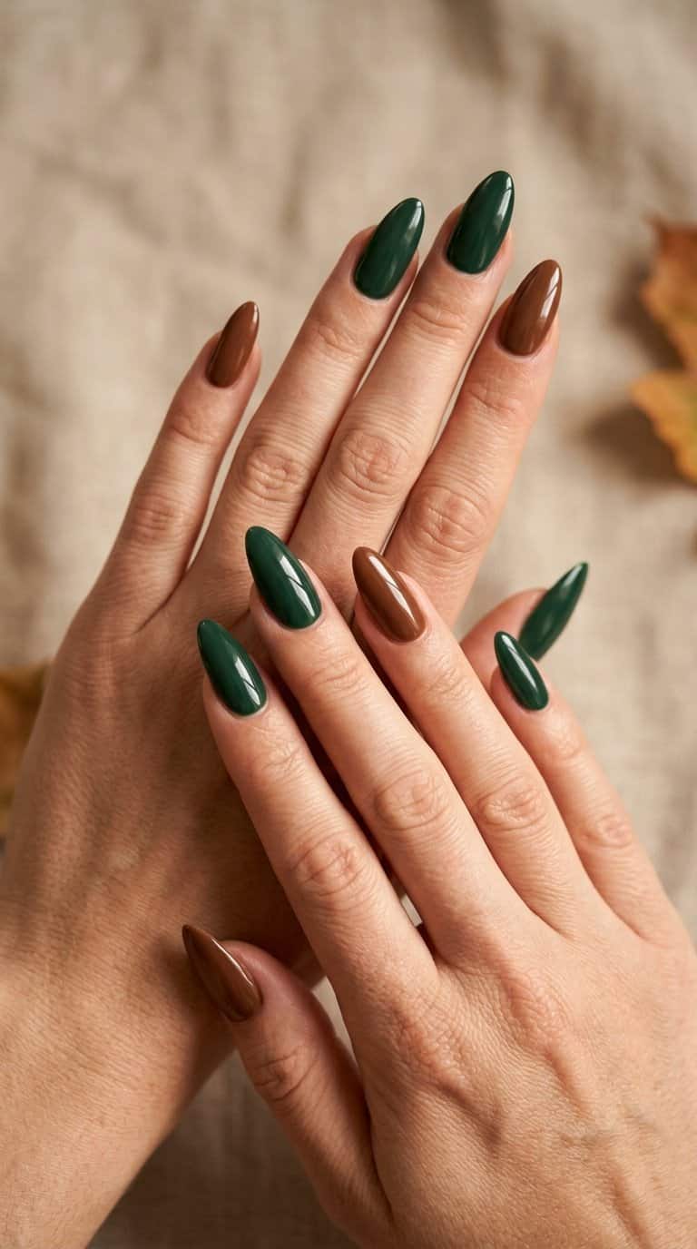 Close-up of a hand with forest green almond-shaped nails and brown accent nails.