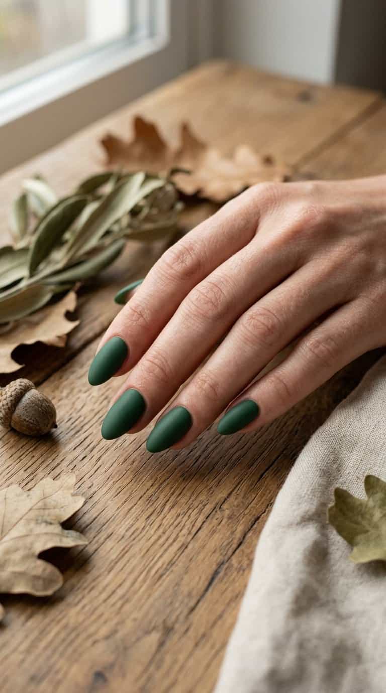 A hand with neatly manicured forest green matte nails rests on a warm neutral surface beside autumn foliage.