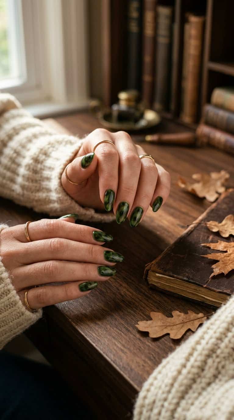 Close-up of a hand with glossy forest green tortoiseshell-patterned nails resting beside a cream sweater and autumn leaves.