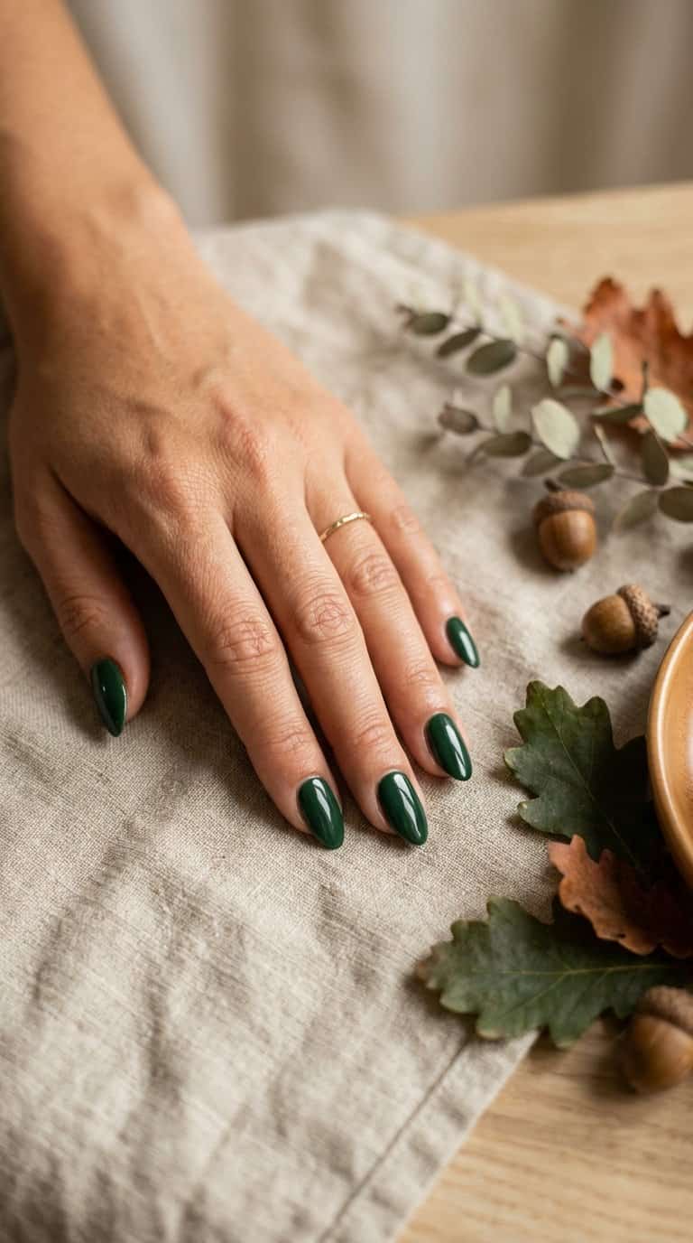 A manicured hand with forest green nails rests beside autumn leaves on a neutral surface.