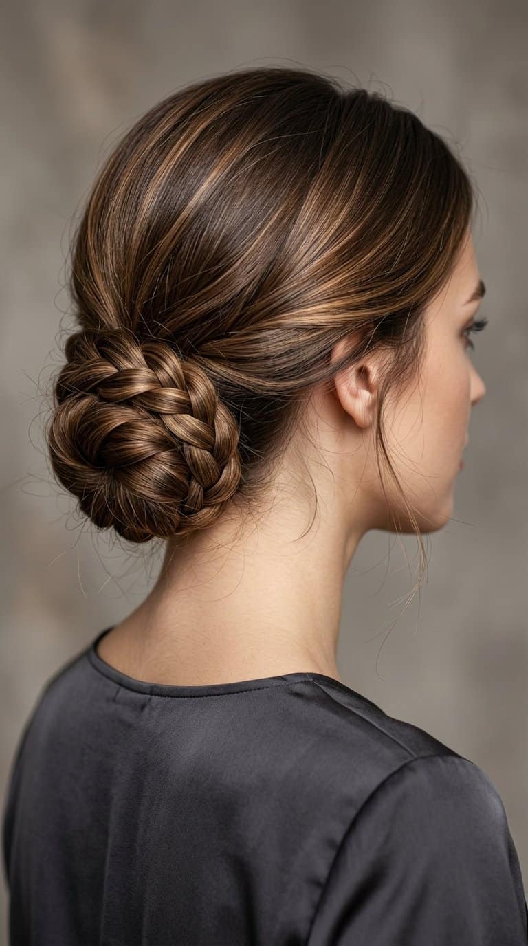 A woman wearing a detailed four-strand braided chignon at the nape of her neck.