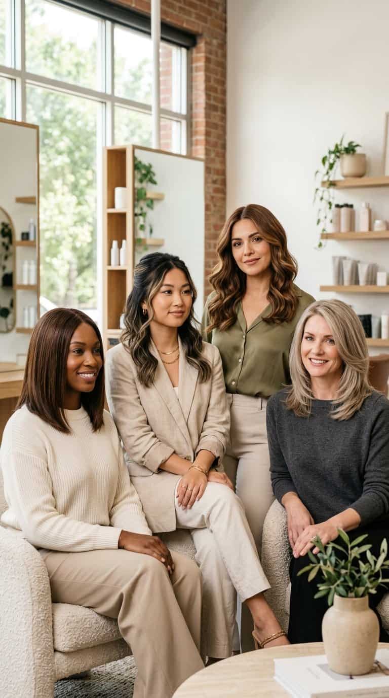 Four women with polished shoulder-length hairstyles stand in a bright modern salon.