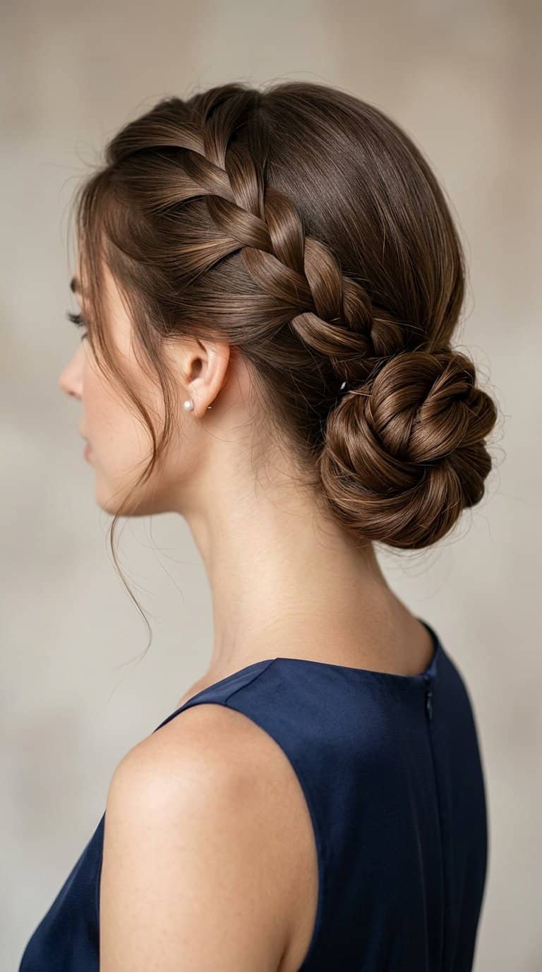 Woman wearing a French braided chignon hairstyle.