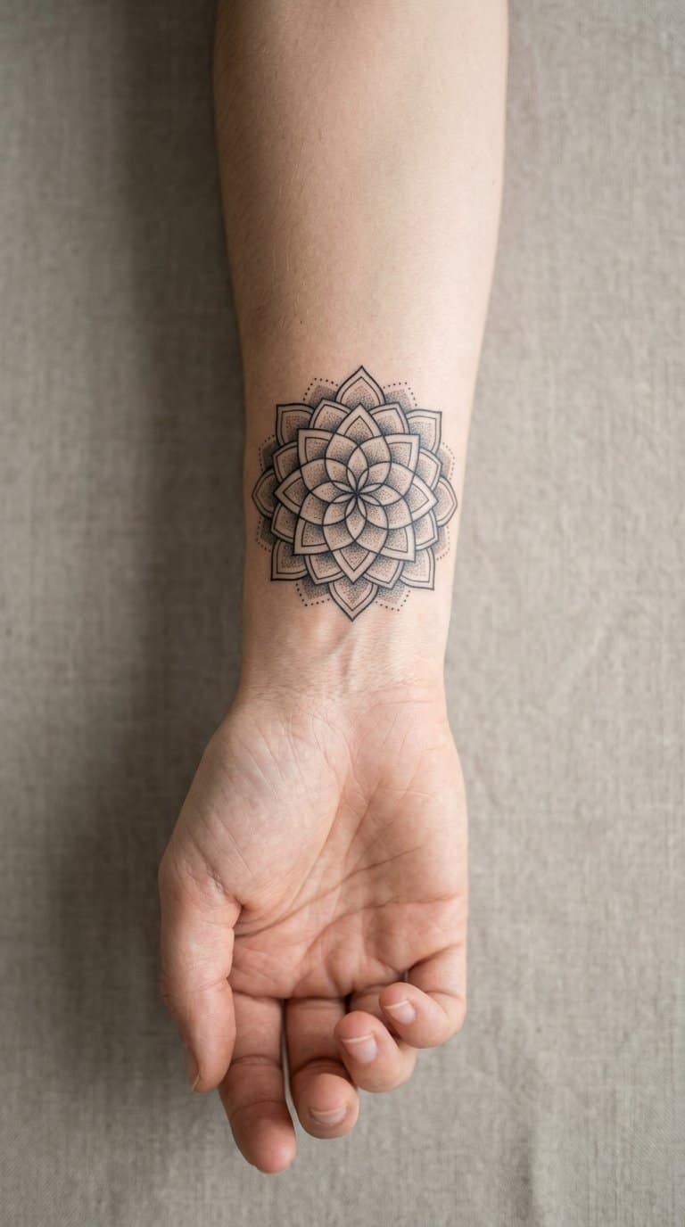 A close-up of a wrist with a symmetrical geometric mandala tattoo.