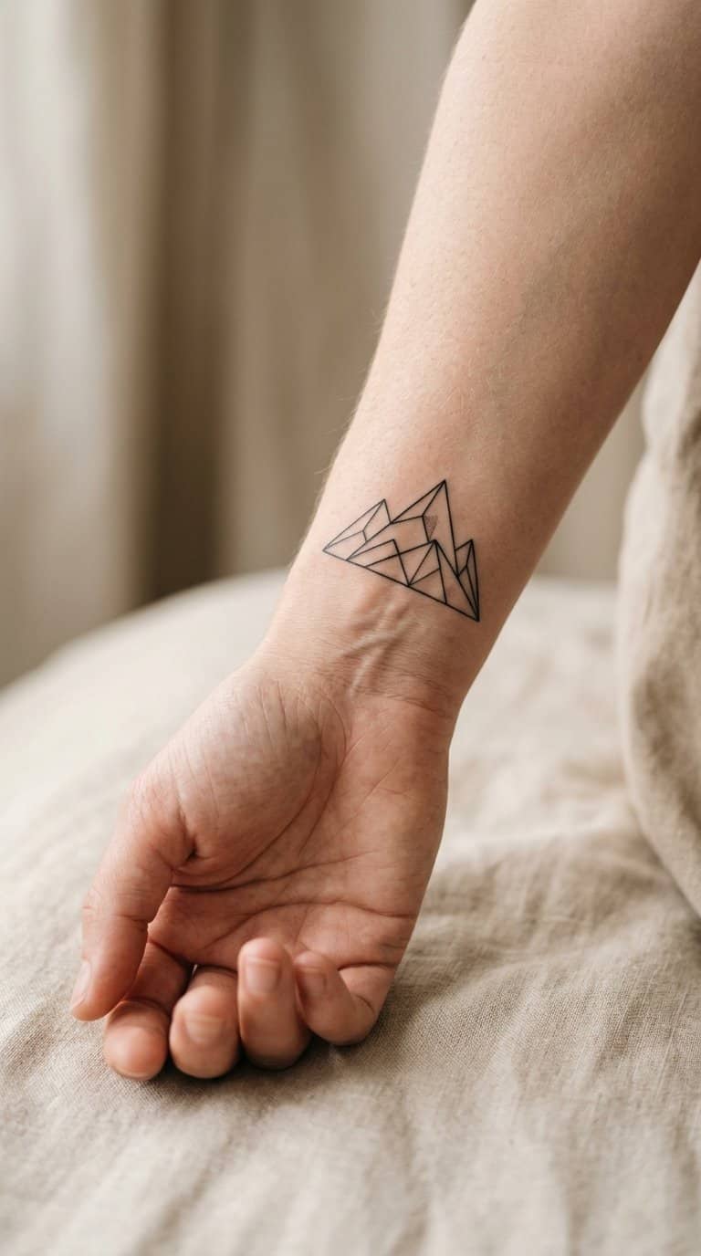 A close-up of a wrist with a geometric mountain range tattoo.