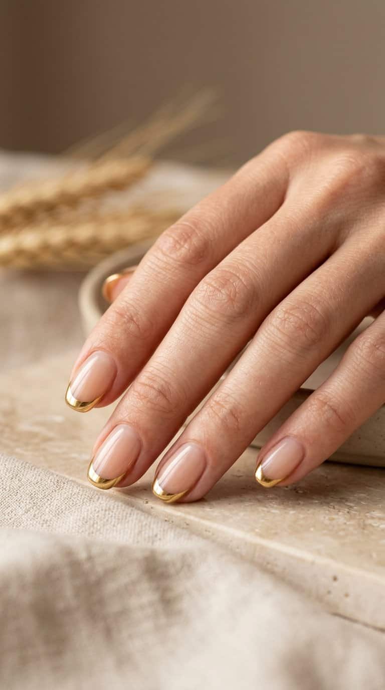 A hand with sheer nude nails featuring thin reflective gold French tips.
