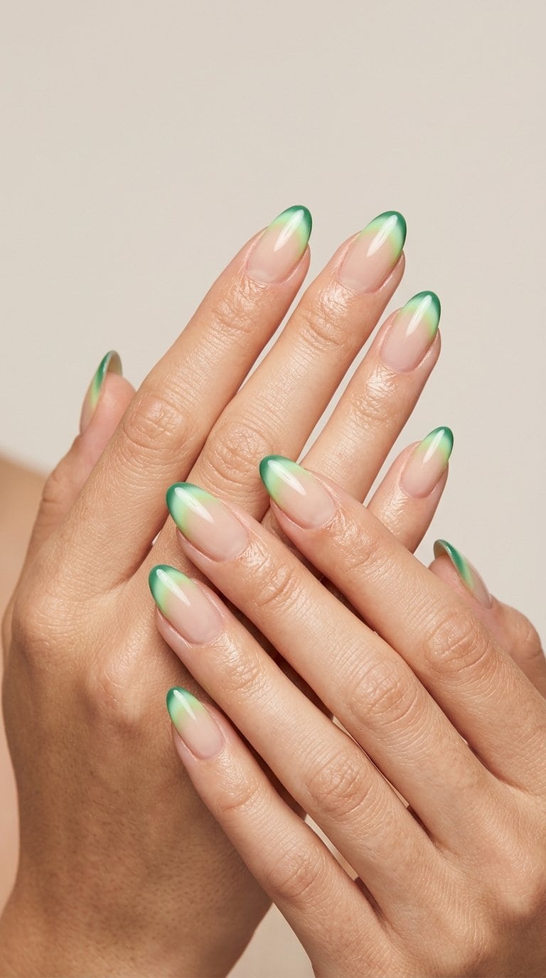 Close-up of manicured hands with sheer nude nails and glowing green French tips.