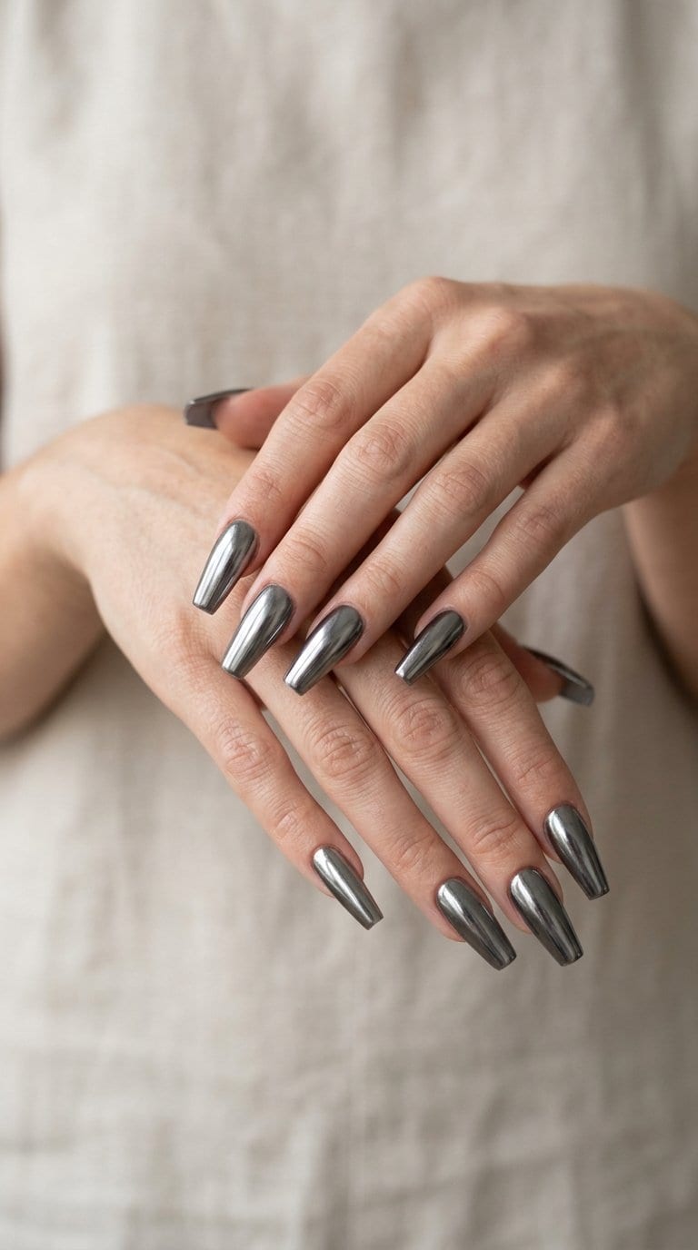 A close-up of a hand with long gunmetal chrome coffin-shaped nails.