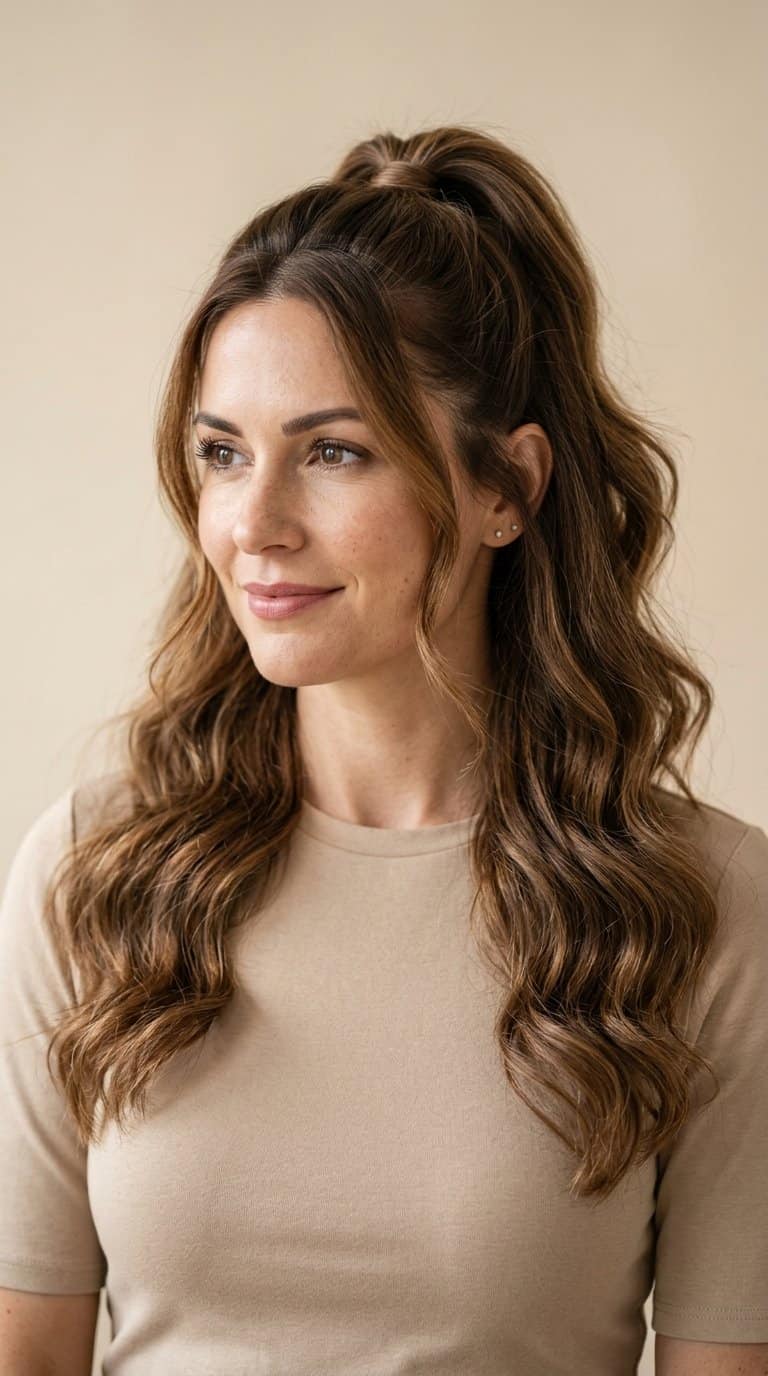 Woman wearing a half-up ponytail with loose waves over her shoulders.
