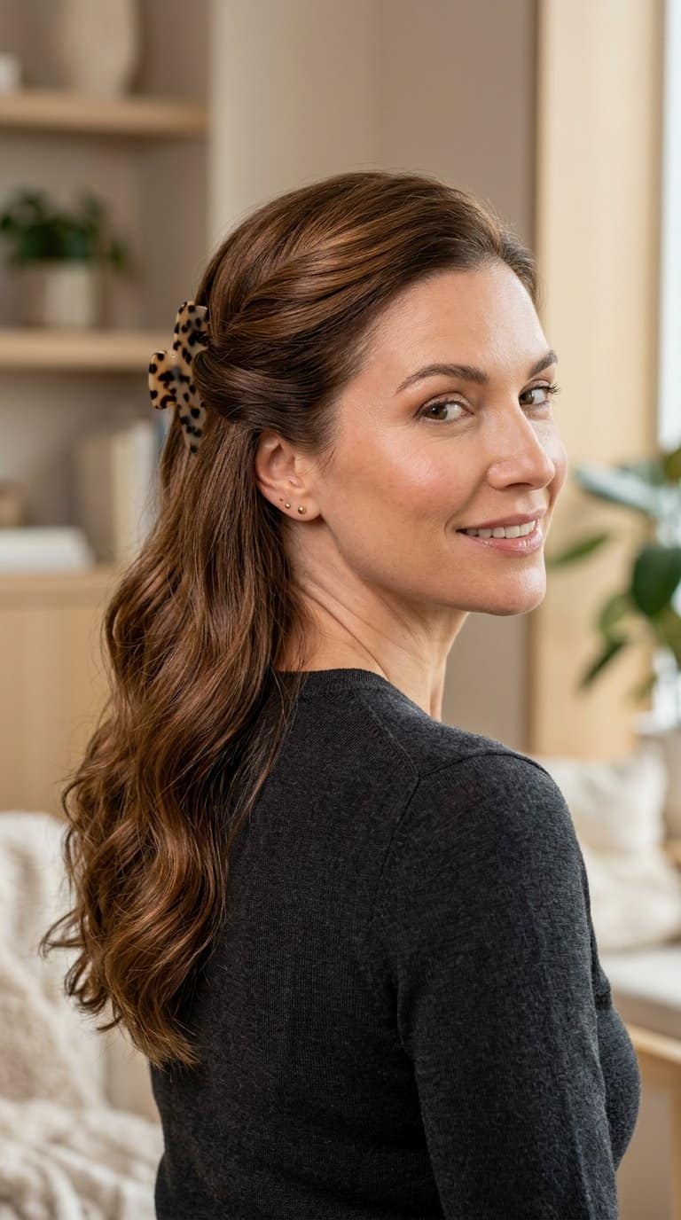 Woman with wavy brown hair styled half-up with a tortoiseshell clip.