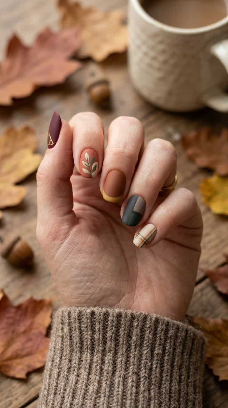 A hand with colorful matte autumn nail designs rests among dried leaves and cozy seasonal fabrics.