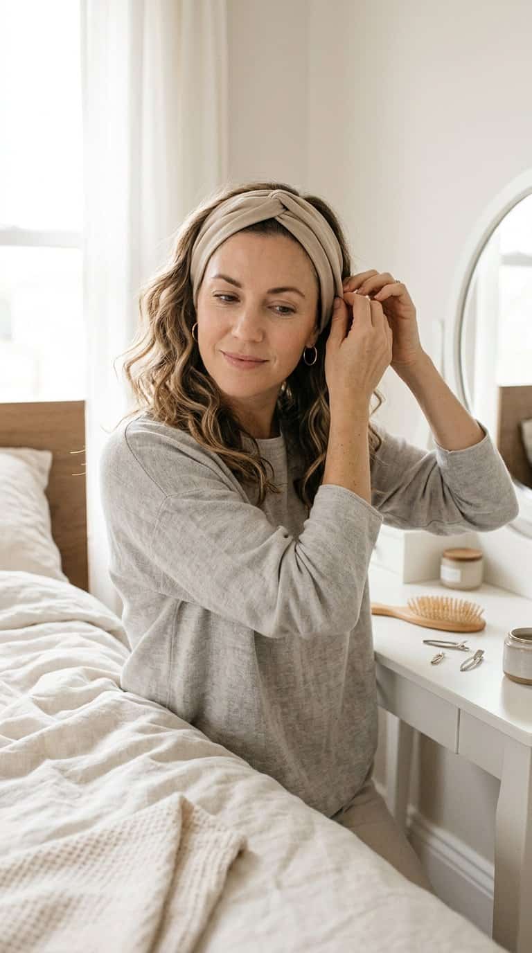 Woman adjusting a headband while wearing loose beach waves in a bright bedroom.