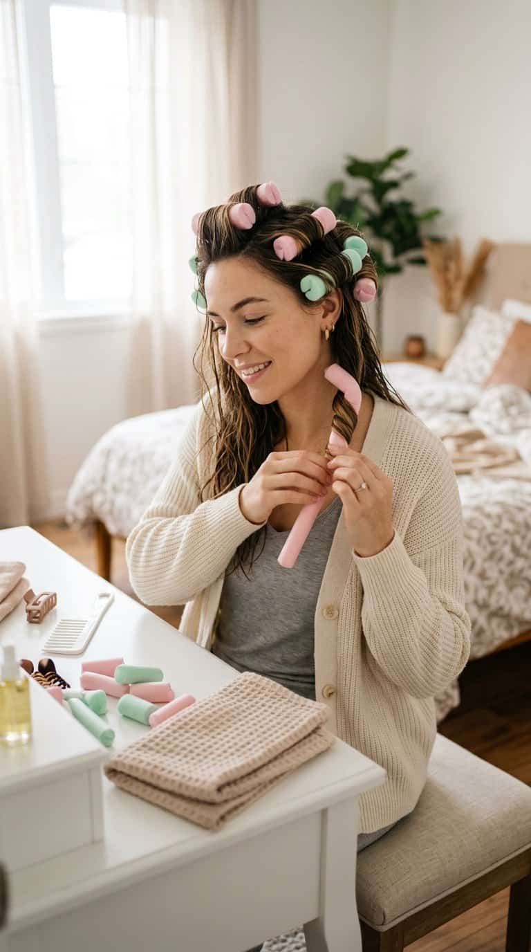 Woman wrapping her hair around soft foam curlers during a morning styling routine.
