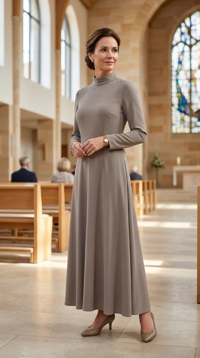 A woman in a high-neck maxi dress and kitten heels standing inside a church.
