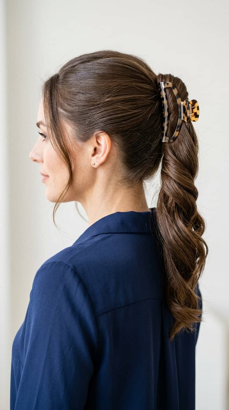 Woman wearing a high twisted ponytail secured with a large claw clip.