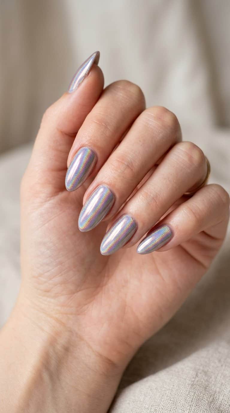 A hand with almond-shaped nails featuring reflective rainbow chrome polish.