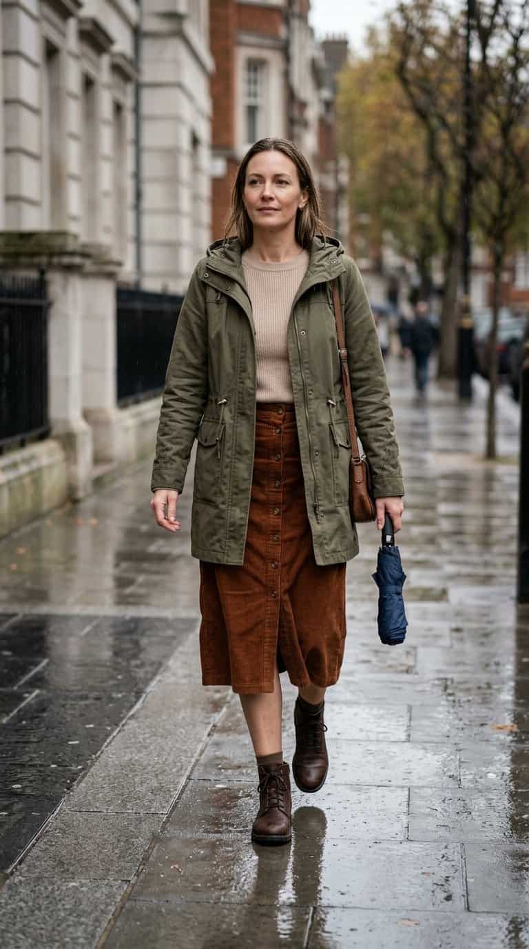 A woman in a hooded field coat and corduroy midi skirt walks along a wet city sidewalk in the rain.
