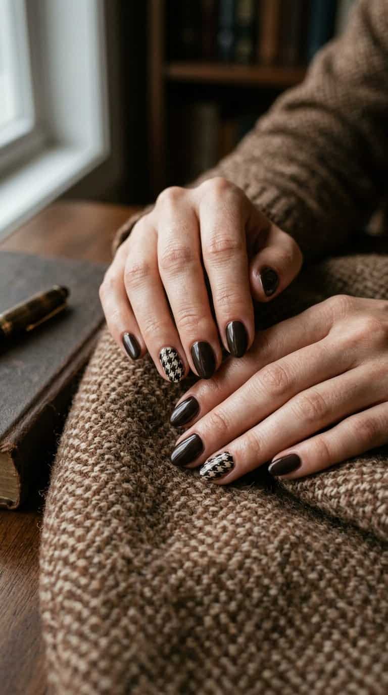 A hand with dark brown nails and houndstooth accent nails resting on a textured sweater.
