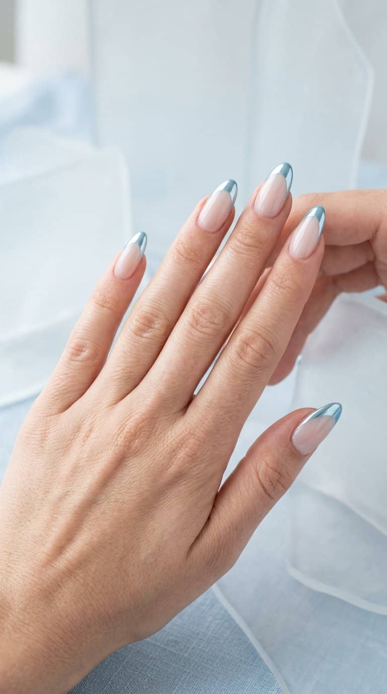 A close-up of hands with ice blue chrome French tip nails against a pale blue background.