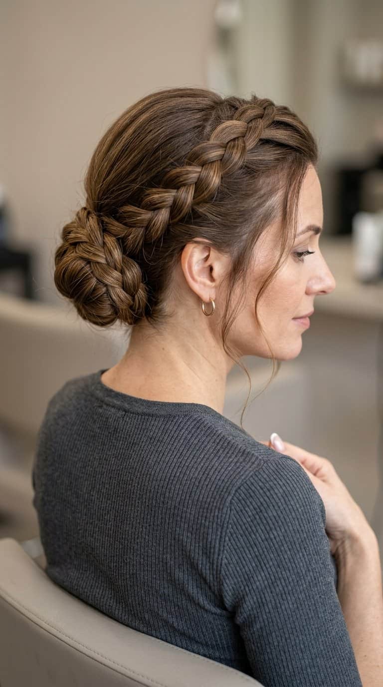 A woman wearing an intricately woven infinity braid arranged in an updo.
