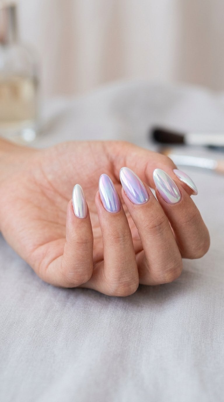 A manicured hand displays iridescent chrome nails that reflect soft pastel colors.