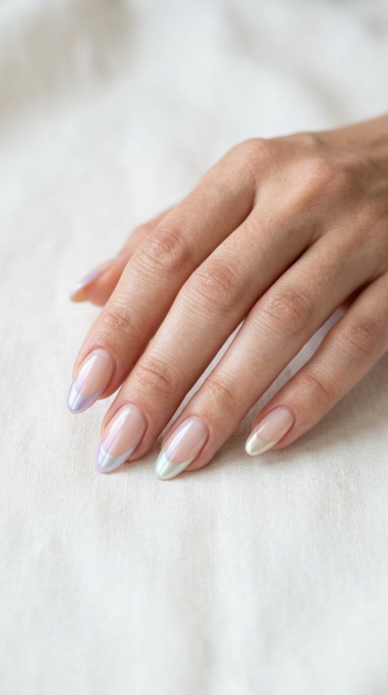 A manicured hand with pearlescent pastel French tips rests against a light background.