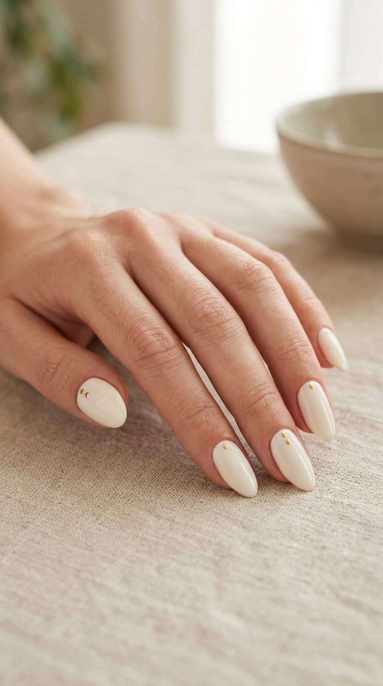 A close-up of hands with ivory almond-shaped nails decorated with tiny gold dots.