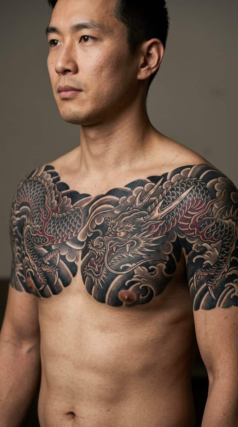 A man displays a large Japanese dragon tattoo across his chest.